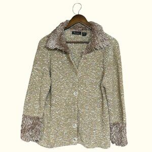 Rainbow Cream Nubby Faux Fur Plush Cozy Fit Chunky Button Cardigan Size L